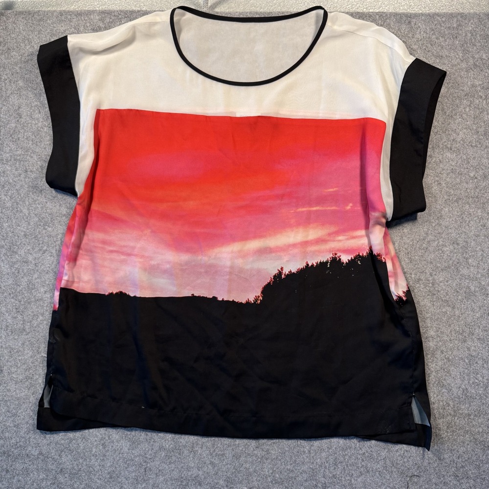 DKNYC Sunset Landscape Graphic Blouse XL Multi Color Cap Sleeve Polyester